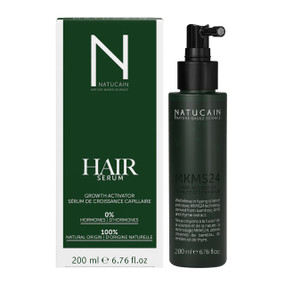 Natucain Hair Activator Growth Serum, 200 ml, in a green plastic bottle and white and green cardboard box; is a combination of 100% natural, hormone-free ingredients and stem cell technology, which stimulates hair growth from the root and ensures significantly less hair loss and more hair growth