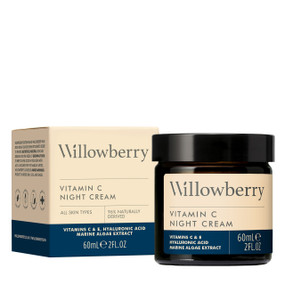 Willowberry Vitamin C Night Cream, 60 ml, in an amber glass jar with a pink and blue label; pink and dark blue cardboard box