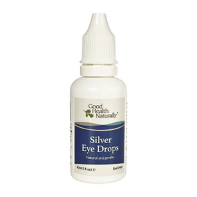 Good Health Naturally Silver Eye Drops in a 30ml white plastic dropper with blue label; helps to soothe dry eyes and the itching effects of allergies such as hay fever and can be used daily to protect the eyes.