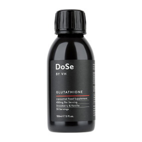 Liposomal Glutathione by DoSe 150 ml in a black plastic bottle; a liquid Liposomal Glutathione supplement with Setria® Glutathione, a clinically studied form,  to provide antioxidant support & raise glutathione levels.