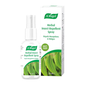 A. Vogel Herbal Insect Repellent Spray 50ml in a white plastic tub with a white & green label; white & green cardboard box