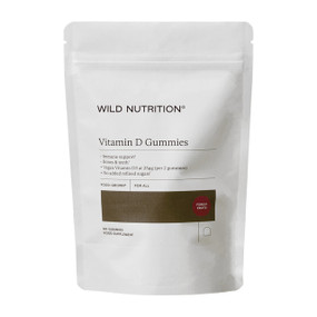 Wild Nutrition Food-Grown® Vitamin D 60 Gummies, in a white compostable pouch. Vitamin D gummies for immune health