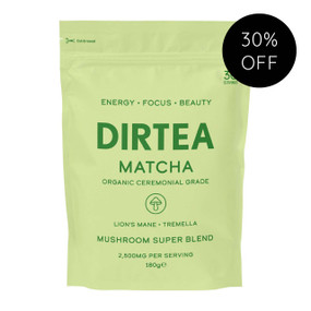 DIRTEA Matcha 180 grams green pouch; is now fortified with an organic B vitamin complex, including B6, B12, Biotin, and Pantothenic Acid, to support psychological function, the nervous system, boost energy levels, and enhance hair, skin, nails.