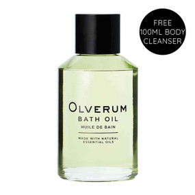 Olverum Bath Oil, 125 ml, in a transparent glass bottle with black cap; Olverum luxurious bath oil combines aromatic, pure essential oils to relax, calm and de-stress