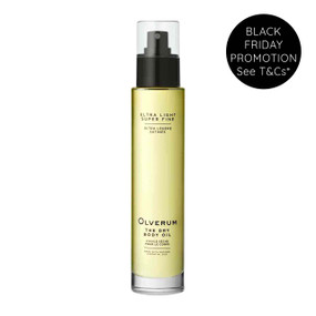 Olverum Dry Body Oil, 100mL in a glass spray bottle. Olverum Dry Body Oil is a fast-absorbing, dry oil for skin and hair.