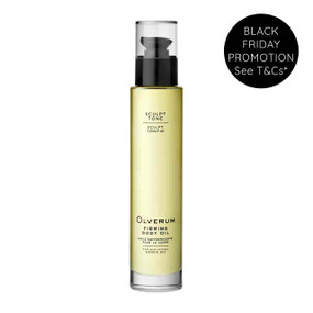 Olverum Firming Body Oil 100ml in a glass bottle with black spray and clear lid. An intensive body sculpting treatment, exactingly formulated with contouring botanicals Grapefruit and Black Pepper for a tightening, toning sensation