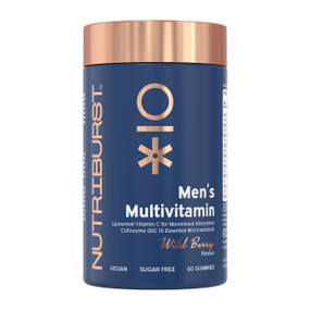 Nutriburst Men’s Multivitamin 60 gummies in a blue plastic tube with gold cap