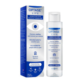OPTASE® LIFE Sensitive Eye Makeup Remover 100ml in a transparent plastic bottle & cardboard box