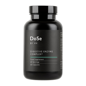 DoSe Digestive Enzyme Complex 60 capsules in a black plastic tube;  a digestive enzymes supplement to provide relief from bloating, gas, wind, constipation, and improve gut health.