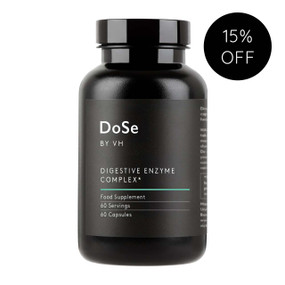 DoSe Digestive Enzyme Complex 60 capsules in a black plastic tube;  a digestive enzymes supplement to provide relief from bloating, gas & an inflamed gut.