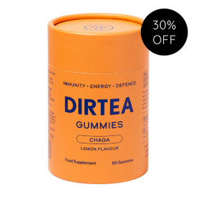 DIRTEA Chaga Mushroom 60 Gummies in an orange cardboard tube; with Vitamin C and Zinc, which all work together to enhance energy-yielding metabolism and strengthen the immune system