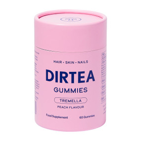 DIRTEA Tremella Mushroom 60 Gummies in a pink cardboard tube; to support natural hyaluronic acid and collagen production, promoting radiant skin, lustrous hair, and strong nails