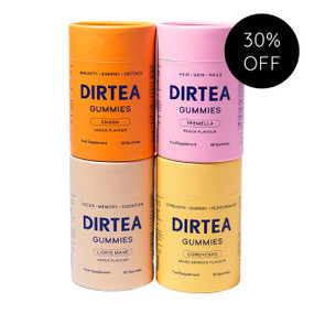 DIRTEA Gummies Boxset includes Lion’s Mane (60 Gummies), Chaga (60 Gummies), 
Cordyceps (60 Gummies) and Tremella (60 Gummies)