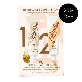 Lanolips Lip Rituals Scrub & Balm, Coconutter: 2 x 10 g scrub and lip balm in a cardboard box