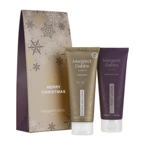Margaret Dabbs London Festive Feet & Hands Duo includes a 75ml intensive Hydrating Foot Lotion and 75ml Pure Repairing Hand Cream; Treat someone special to the Margaret Dabbs Festive Feet & Hands Duo, featuring hydrating hand and foot lotions for soft, smooth, nourished skin. Perfect Christmas gift.