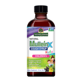 Natures Answer Kids Mullein-X® Cough Syrup 120 ml in an amber glass bottle; is an all-natural mullein cough syrup for kids that will soothe your little ones with a gentle, delicious blend of honey and herbs such as Mullein, Nettle, Plantain, Elecampane, Horehound, Marshmallow, and Black Elderberry