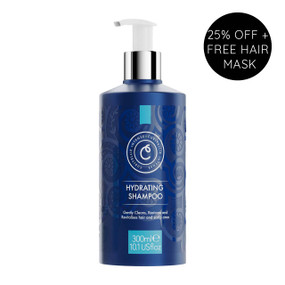 CurlyEllie Hydrating Shampoo, 300ml in a blue plastic tube with white pump; this shampoo for curly hair gently cleanses, restores and hydrates hair and scalp