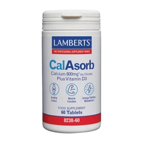 Lamberts CalAsorb® Calcium 800mg 60 tablets, in a white plastic tube; this supplement provides calcium in the citrate form, which is believed to be one of the most easily absorbed compounds of calcium. Each three-tablet serving provides a full 800 mg of calcium, which is the recommended daily allowance, plus 6 mcg of Vitamin D3.