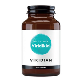Viridian Nutrition Viridikid Multivitamin, 90 Capsules in an amber glass bottle with a black cap & white label, is a children's multivitamin supplement to support growth, immunity, boost energy & overall health.
