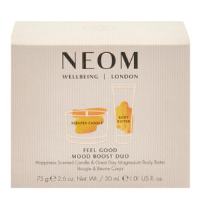 Neom Feel Good Mood Boost Duo in a grey cardboard box; this gift set is designed to bring happiness, relaxation, and feel-good vibes whenever needed.