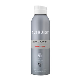Altruist Invisible Sunspray SPF50, 200ml in a silver metal tube; Altruist Invisible Sunspray SPF 50 is a dermatologist-formulated, broad-spectrum UVA and UVB sunscreen (PPD 42) in a spray format.