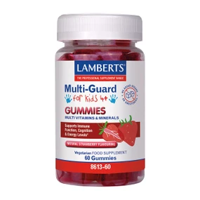 A bottle of Lamberts Multi-Guard Gummies for kids, featuring a white label with blue and red text, a white cap, and visible red gummies inside, set against a plain white background.