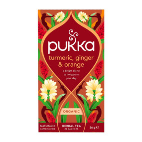 Pukka Turmeric Active Tea- 20 tea bags in a red & orange carton box; A caffeine-free organic tea with turmeric for your wellbeing, fiery ginger to warm you from within, and a sweet zing of orange to lift your spirits.