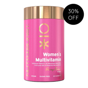 Nutriburst Women’s Multivitamin 60 gummies in a pink plastic tube with gold cap, these multivitamin gummies for women provide B-vitamins for energy,