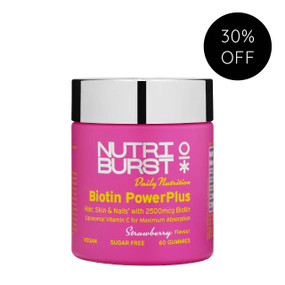 Nutriburst Biotin PowerPlus pink tub with silver lid; is a high biotin supplement with vitamins to help support hair, skin, and nail health from within. 60 sugar-free gummies in a pink plastic tube with silver cap.