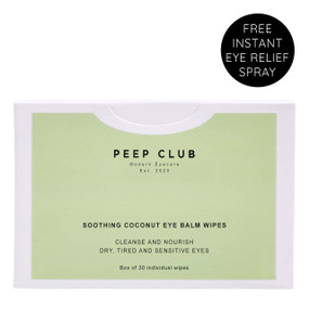 Peep Club Soothing Coconut Eye Balm Wipes - green cardboard box including 30 individual wipes. Travel-friendly and biodegradable wipes for eyes, Peep Club Soothing Coconut Eye Balm wipes remove makeup and soothe dry, tired, and sensitive eyes. Formulated with raw virgin organic coconut oil and calming chamomile.Formulated with raw virgin organic coconut oil and calming chamomile.