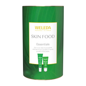 Weleda Skin Food – Essentials Gift Set in a green cardboard tube; nourish dry skin and lips on the go with the skin food stocking filler.