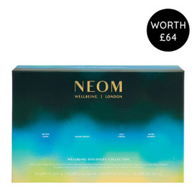 Neom Wellbeing Discovery Collection comes in a carton box with a gradient from rich dark shades to soft yellows, a luxurious Christmas gift set infused with 100% natural fragrances.