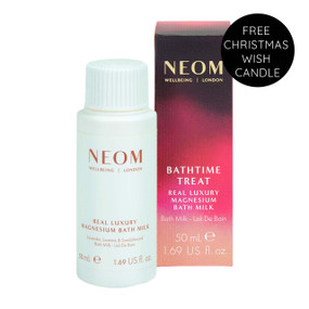 Neom Bathtime Treat comes in a 50ml off-white plastic bottle, presented in a stylish cardboard box featuring a pink, red, and purple gradient design.