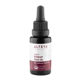 Alteya Organic Rosehip Seed Oil 20ml amber dropper bottle; 100% pure, cold-pressed rosehip oil to nourish, rejuvenate, and restore skin elasticity.