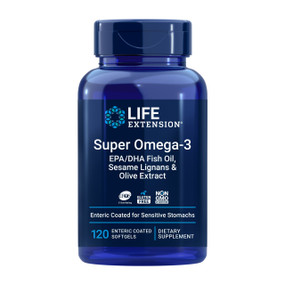 Life Extension Super Omega-3 EPA/DHA Fish Oil, Sesame Lignans & Olive Extract, 120 enteric-coated softgels in a blue plastic tube. A high-strength omega-3 fish oil supplement with EPA, DHA, to support heart, brain & vision.