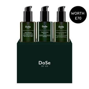 DoSe Serums For Ageing Skin combines a trio of multi-peptide serum, a powerful antioxidant serum to protect skin from oxidative stress, and a potent retinoid serum, which work together to reduce fine lines, wrinkles, and improve texture and elasticity for firmer, plumper, and more radiant skin.