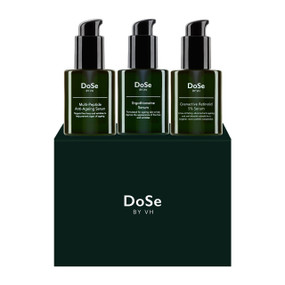 DoSe Serums For Ageing Skin combines a trio of multi-peptide serum, a powerful antioxidant serum to protect skin from oxidative stress, and a potent retinoid serum, which work together to reduce fine lines, wrinkles, and improve texture and elasticity for firmer, plumper, and more radiant skin.