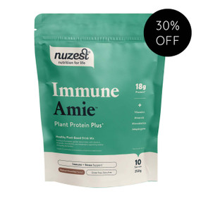 Nuzest Protein Plus Immune Amie 250g pouch in white & green; this chocolate-flavoured pea protein drink with microbiotics, adaptogens, mushrooms, and vitamins to support daily immune health.