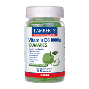 Lamberts Vitamin D3 1000iu, 60 Gummies in a plastic tube with white cap & label; Each sugar-free apple-flavoured vitamin D3 gummy provides 25µg of highly bioavailable D3.