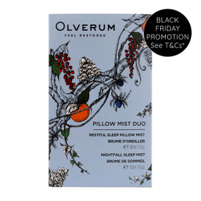 Olverum Pillow Mist Duo gift set with Restful Sleep Pillow Mist and Nightfall Sleep Mist in elegant packaging, designed for relaxation and better sleep;