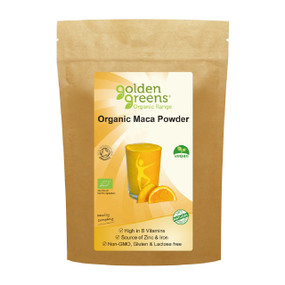 Golden Greens Organic Maca Powder 100g in a brown pouch;