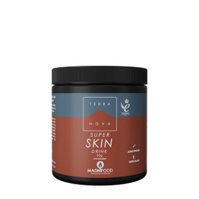 Terranova Super Skin Drink 90 g in a black tube; anti-ageing vegan skin food supplement  with hyaluronic acid, plant-based amino acids, antioxidant and collagen-supporting nutrients