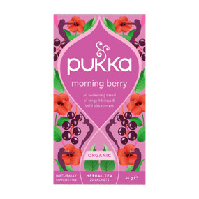 Pukka Morning Berry Tea – 20 tea bags in a pink & purple carton box; this vibrant, caffeine-free herbal blend of berries and herbs is organic, vegan-friendly, and perfect for a refreshing start to the day