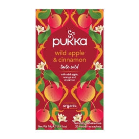 Pukka Wild Apple & Cinnamon Tea 20 tea bags in a red carton box; a naturally caffeine-free, organic herbal blend of wild apples, cinnamon, ginger, clove, and sweet orange.