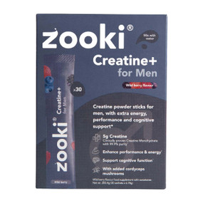 Zooki Creatine+ for Men, 30 x 6.78g Sachets in blue & grey carton box;  5g creatine per sachet with B6, B12, and zinc for energy, performance, and muscle support.