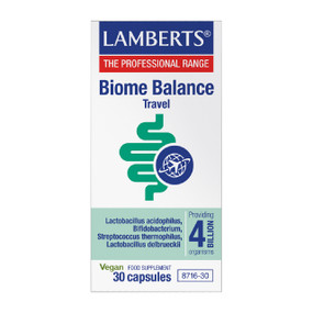 Lamberts Biome Balance Travel 30 capsules in a white & blue carton box; this vegan probiotic supplement contains four carefully selected strains of live bacteria to help support digestive comfort and maintain the natural balance of intestinal flora while travelling