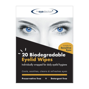 The Eye Doctor Biodegradable Eyelid Wipes - 20 individually wrapped wipes in a carton box;