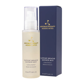 Aromatherapy Associates Support Breathe Shower Mist 100ml bottle & box; a steam-activated aromatherapy mist with Eucalyptus, Lavender & Peppermint that helps you breathe easier and refresh your senses.