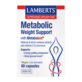 Lamberts Metabolic Weight Support - 60 capsules in a white carton box; this healthy weight management supplement helps reduce hunger, balance blood sugar and support energy levels.