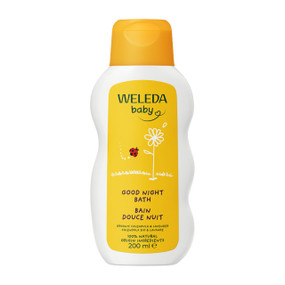 Weleda Baby Good Night Bath -200ml in a white plastic tube with yellow label & cap; a gentle, oil-to-milk aroma bath designed to soothe and relax babies and toddlers before bedtime